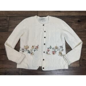 Susan Bristol Sz M Angora Blend Fine Floral Embroidered Cardigan Sweater Ivory